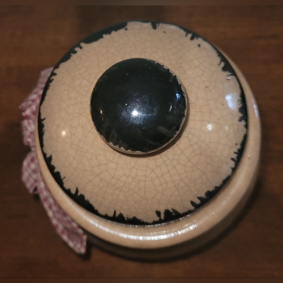 Handmade 8" Crackle Painted Black Star Pottery Canister with Red Checkered Bow. - Picture 3 of 4